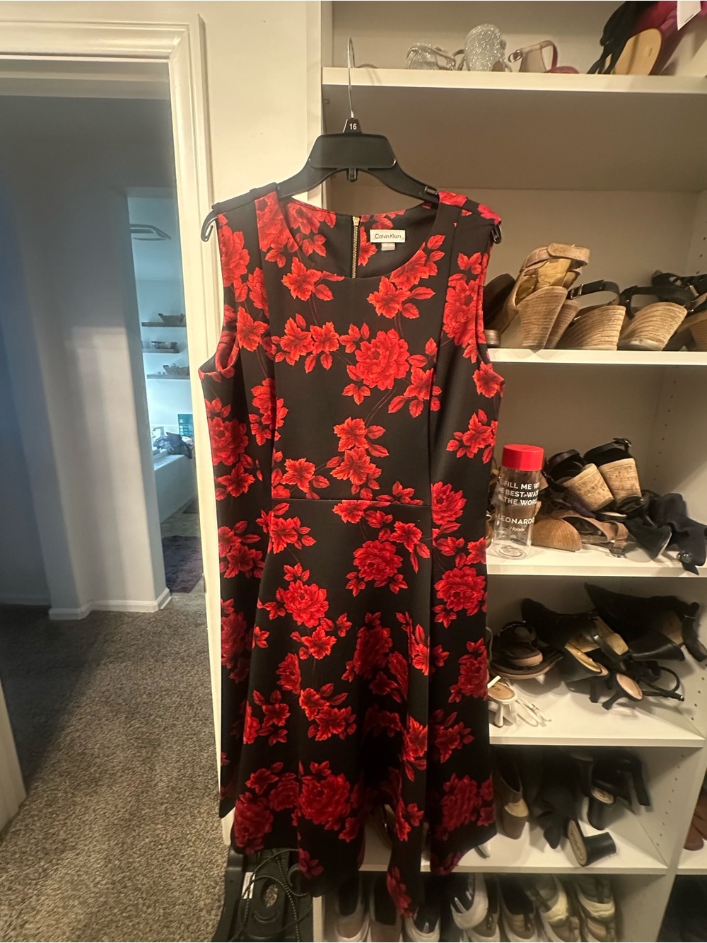Calvin Klein Black Fit-and-Flare Dress with Red Floral Pattern